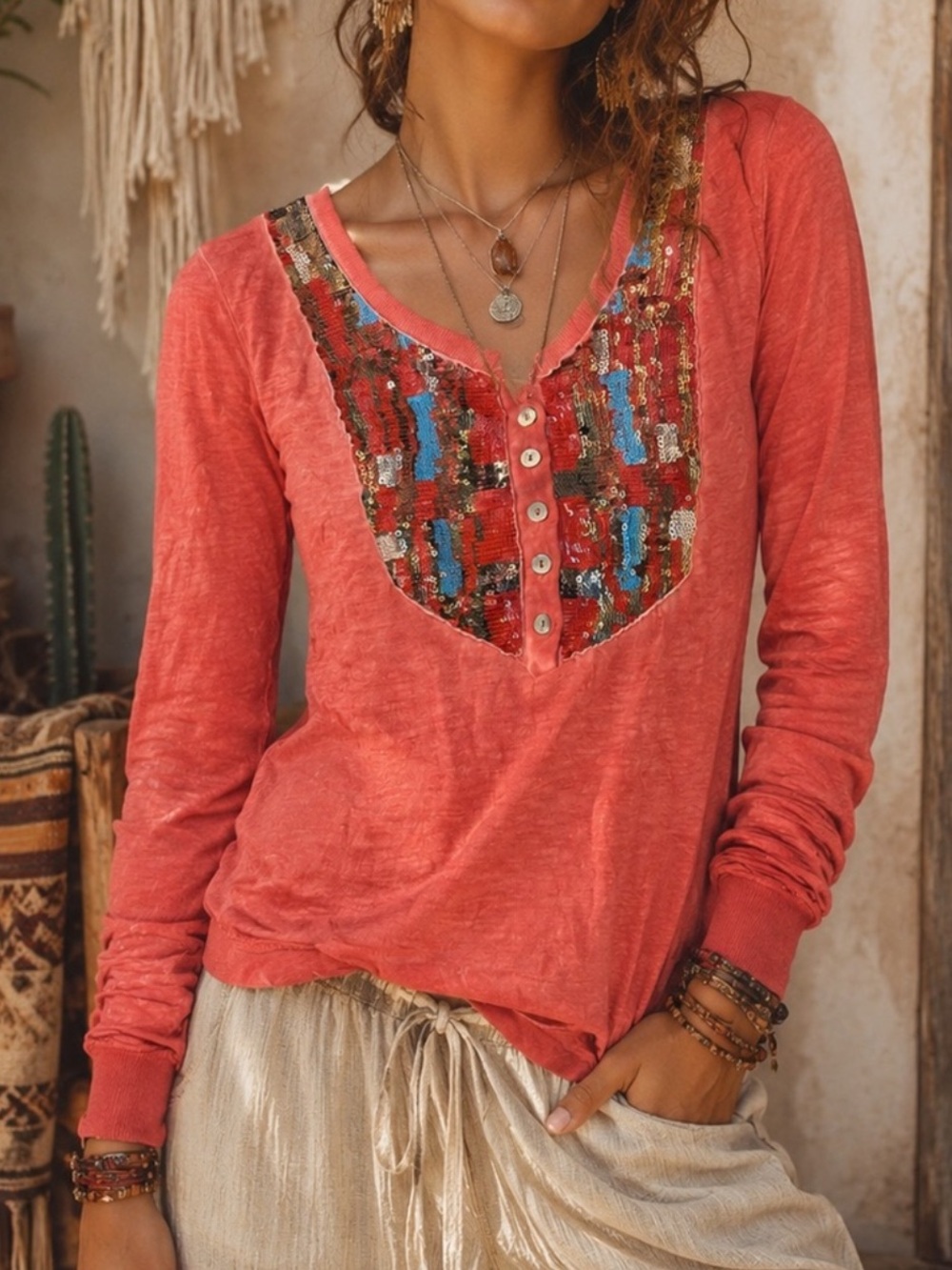 Free People Coral Sequin Western Boho Henley Long Sleeve Top Size Medium